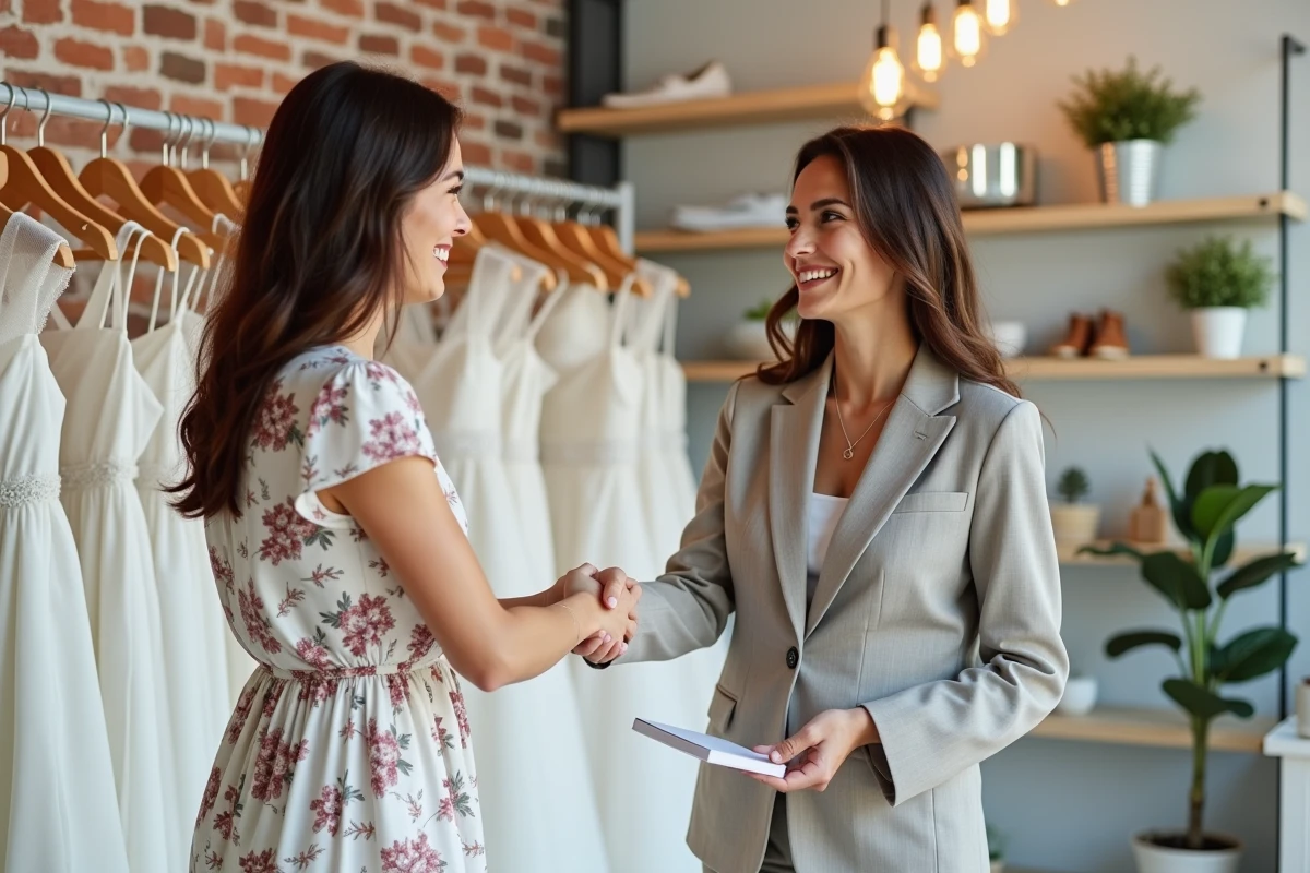 Accord conclu entre une future mariée et une propriétaire de boutique après négociation du prix de robe