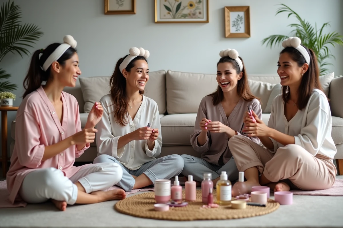 Amies réunies pour une activité spa DIY et manucure lors d'un EVJF à la maison