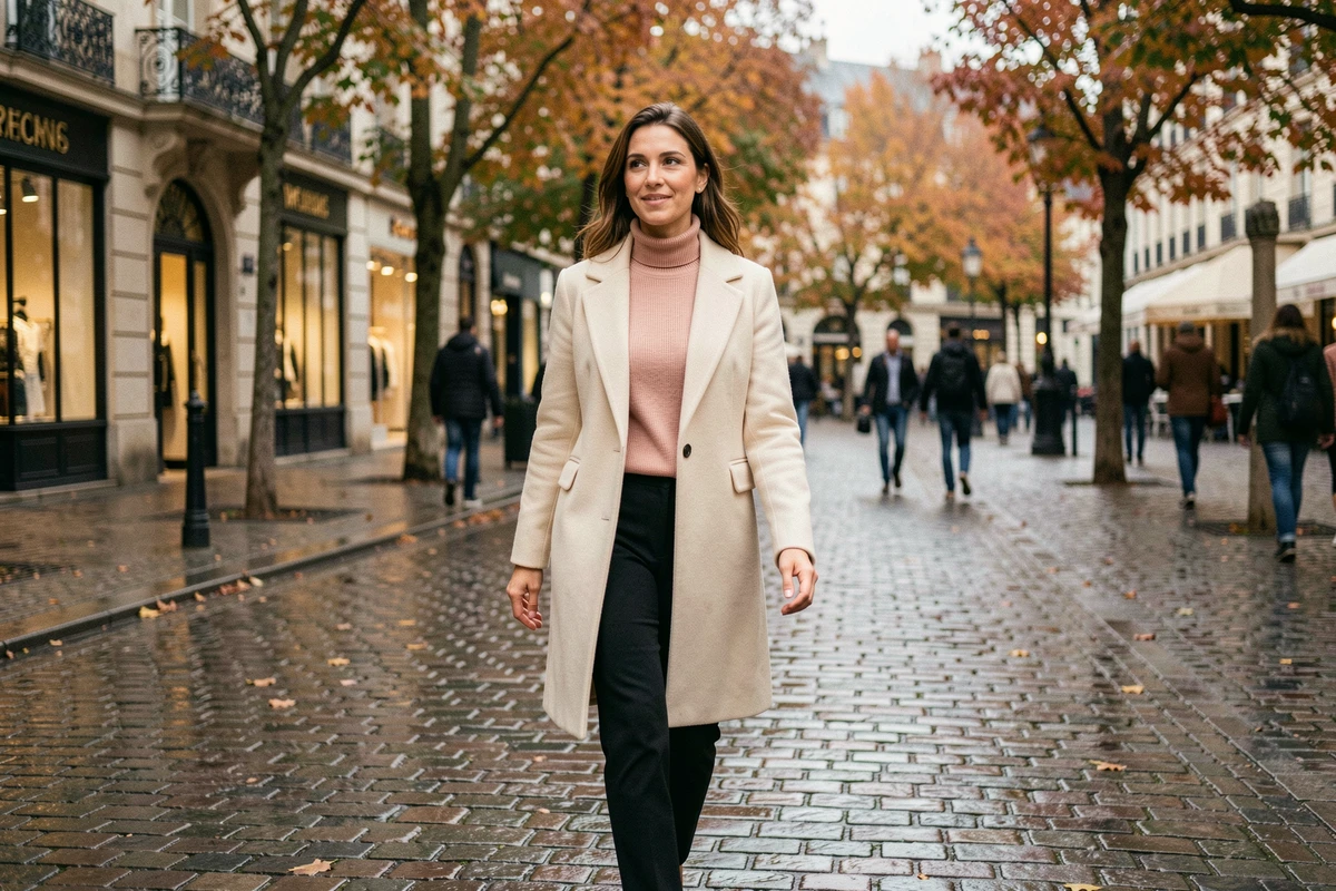 Femme en manteau crème marchant dans une place européenne pavée, représentant la nouvelle image publique et la confiance d'Alicia Dauby après son mariage
