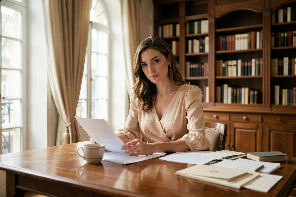 Femme professionnelle en robe champagne dans un intérieur parisien raffiné, illustrant l'évolution de l'image publique après le mariage d'Alicia Dauby