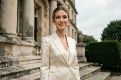Femme élégante en blazer ivoire devant un bâtiment en pierre symbolisant une image publique raffinée après un mariage