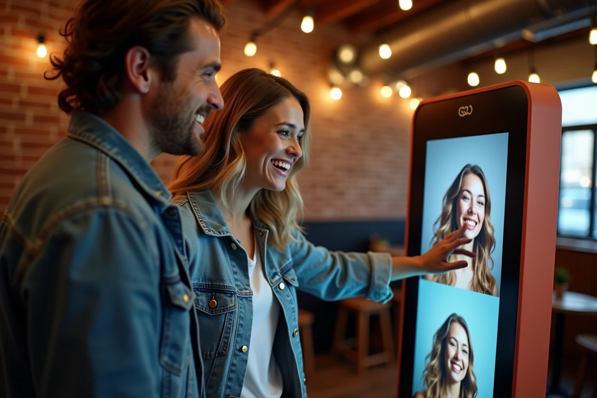 Deux amis consultant leurs photos sur le kiosque tactile d'un photobooth KRUU lors d'une fête d'anniversaire