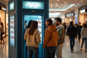 Groupe d'amis autour d'un photobooth dans un centre commercial