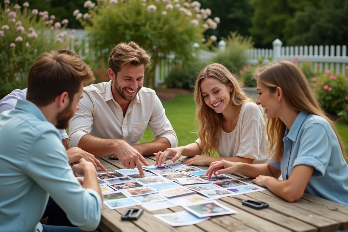 Amis préparant un tableau de photos de mariage en extérieur
