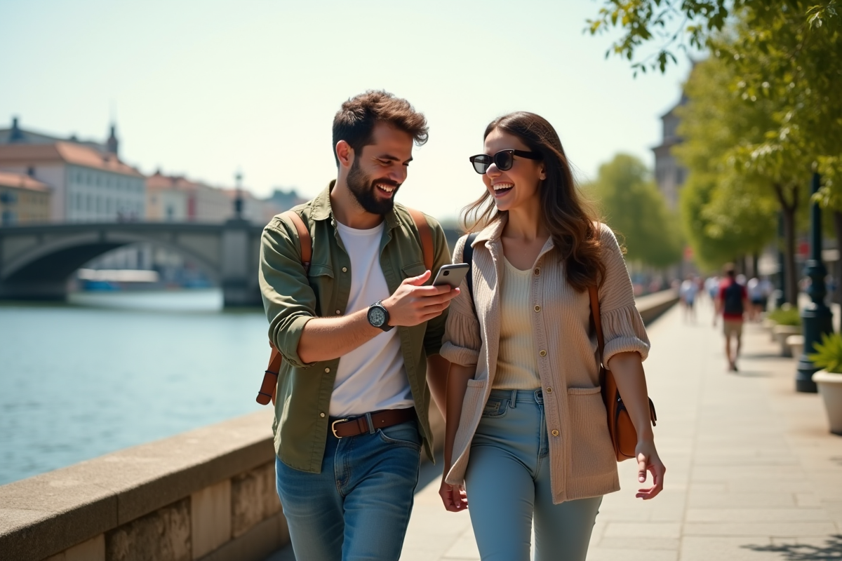 Amis marchant au bord de la rivière en riant pour un article voyage