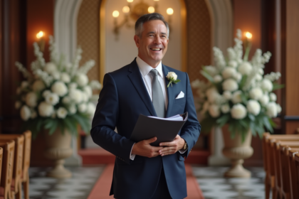 Maître de cérémonie en costume navy lors d'un mariage élégant