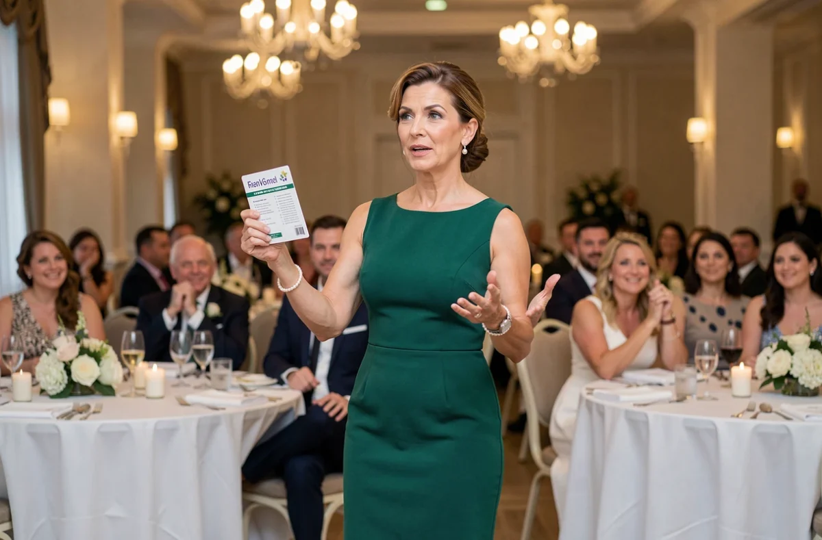 Animatrice de mariage présentant un gage du jeu des douze mois devant les invités dans une salle de réception élégante