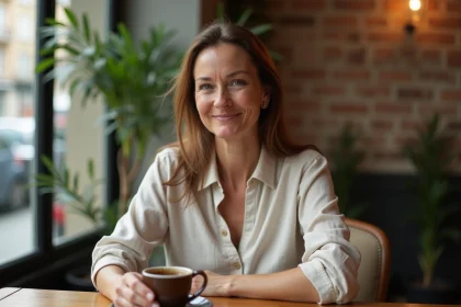 Femme souriante assise dans un café parisien, évoquant la vie personnelle et professionnelle d'une animatrice télévision
