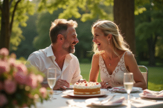 Couple heureux célébrant leur anniversaire de mariage en plein air