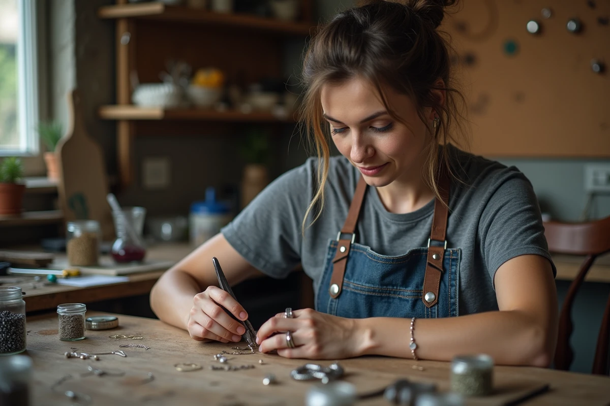Artisane bijoutière façonnant des boucles d'oreilles Marie en fil d'argent dans son atelier avec des outils et matériaux épars