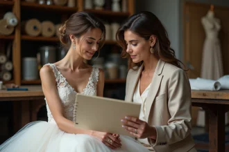 Femme en robe de mariée dans un atelier parisien avec une designer