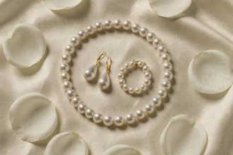 Bijoux de mariage en perles et or jaune : collier, boucles d'oreilles et bracelet sur tissu de soie ivoire