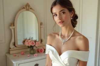Mariée portant un collier de perles et diamants sur un décolleté en robe de mariée en satin ivoire, mise en valeur des bijoux de cou