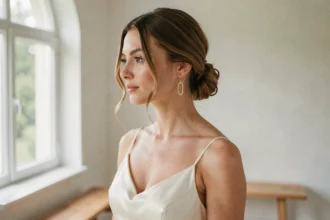 Mariée minimaliste portant une boucle d'oreille pendante géométrique en or dans un intérieur épuré au style scandinave