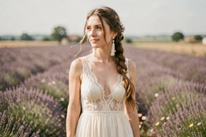 Mariée bohème portant de longues boucles d'oreilles pendantes en perles dans un champ de lavande en Provence