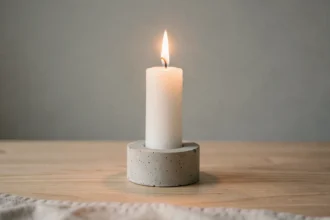 Bougie blanche minimaliste dans un support en béton brut sur bois clair, symbolique épurée et atmosphère contemplative