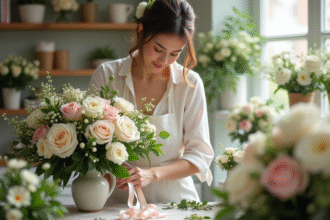 Fleuriste créant un bouquet de mariage élégant dans une boutique lumineuse