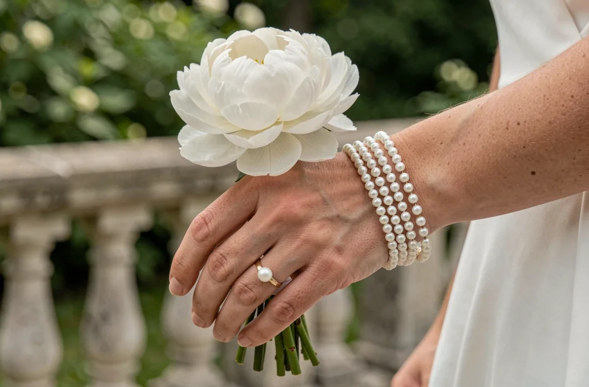 Bracelet de mariage en perles et or blanc porté par une mariée tenant un bouquet de pivoines blanches dans un jardin