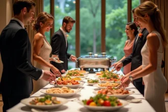 Groupe d'invités élégants autour d'un buffet convivial