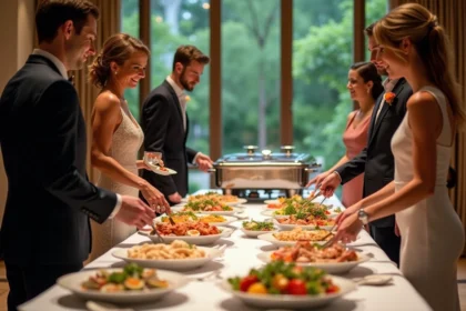 Groupe d'invités élégants autour d'un buffet convivial