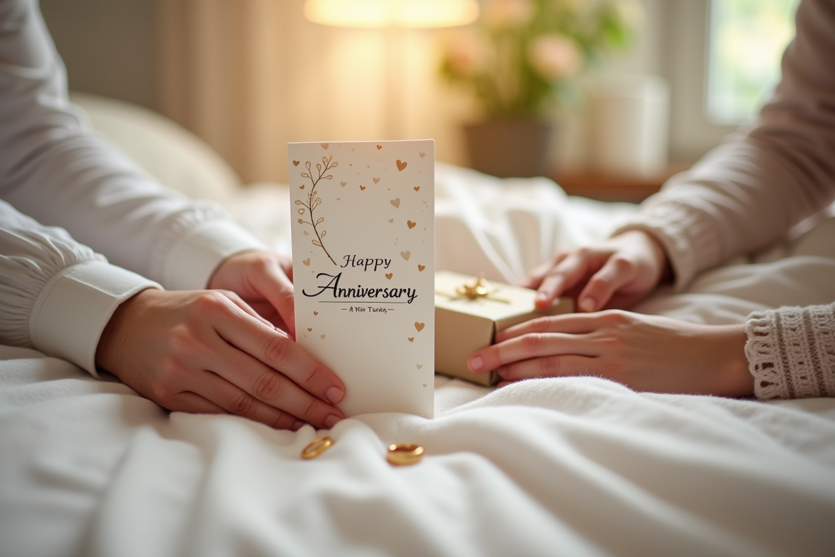 Mains tenant une carte faite main et un petit cadeau pour anniversaire