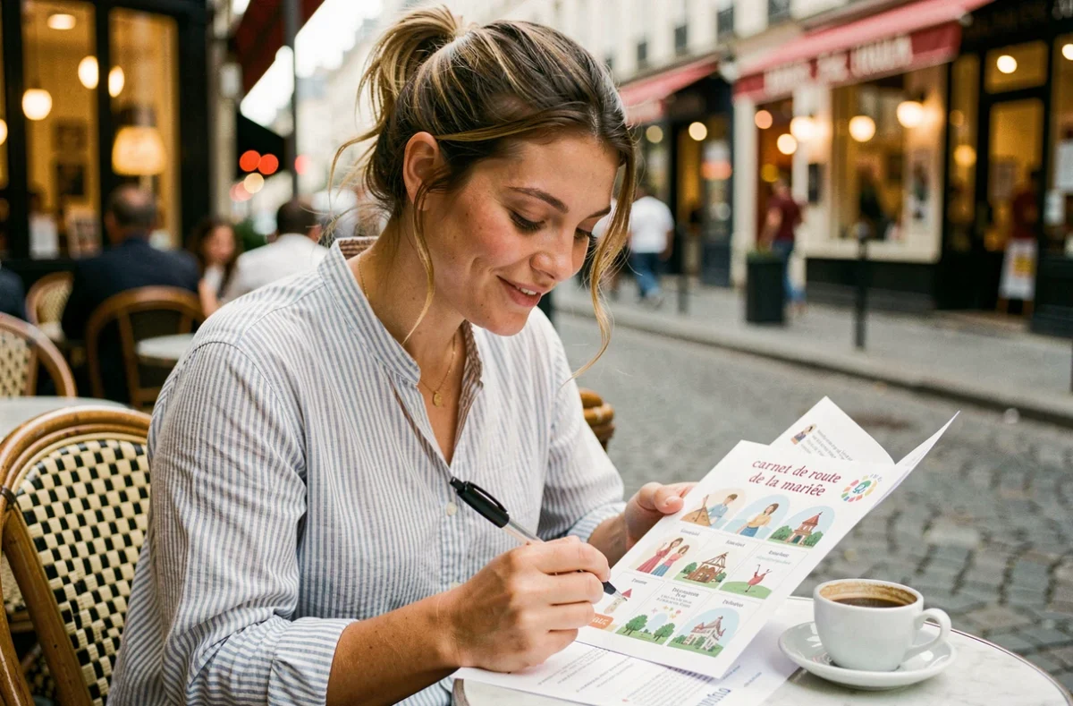 Femme remplissant un carnet de route EVJF thème voyage imprimé à la terrasse d'un café parisien