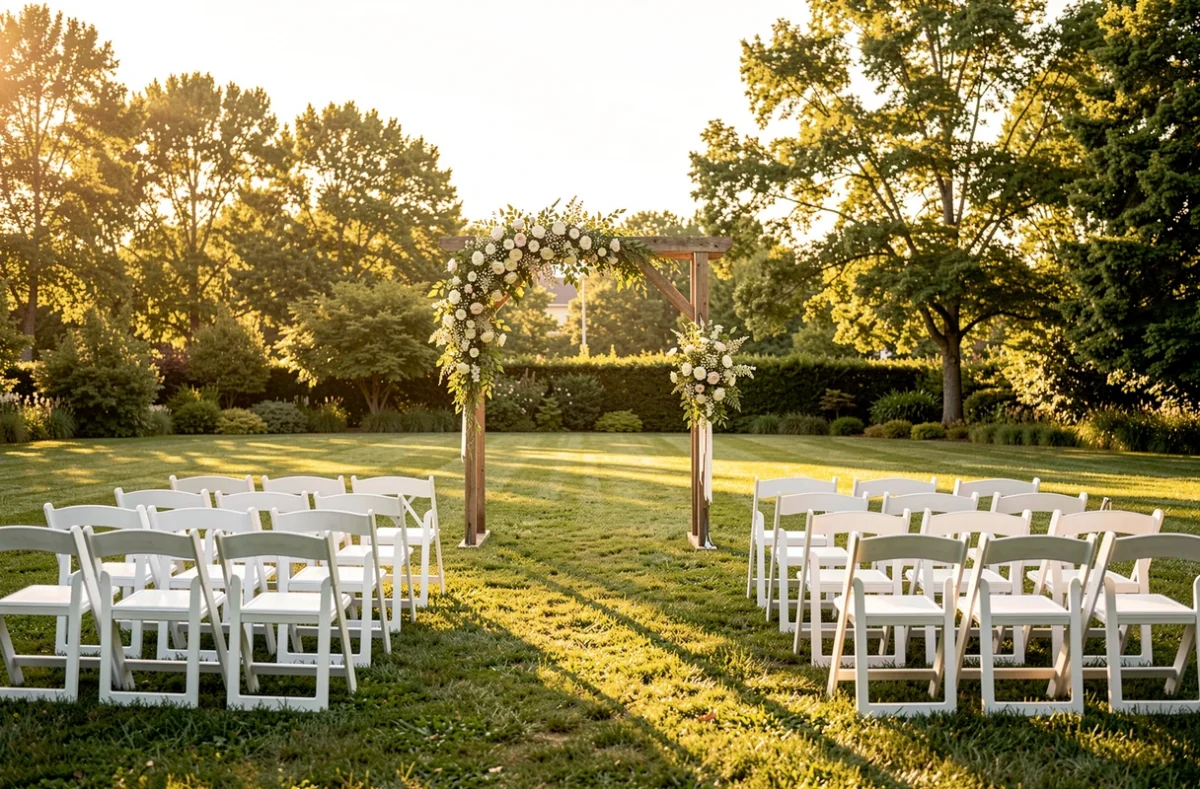 Cérémonie laïque en extérieur avec chaises blanches et arche fleurie