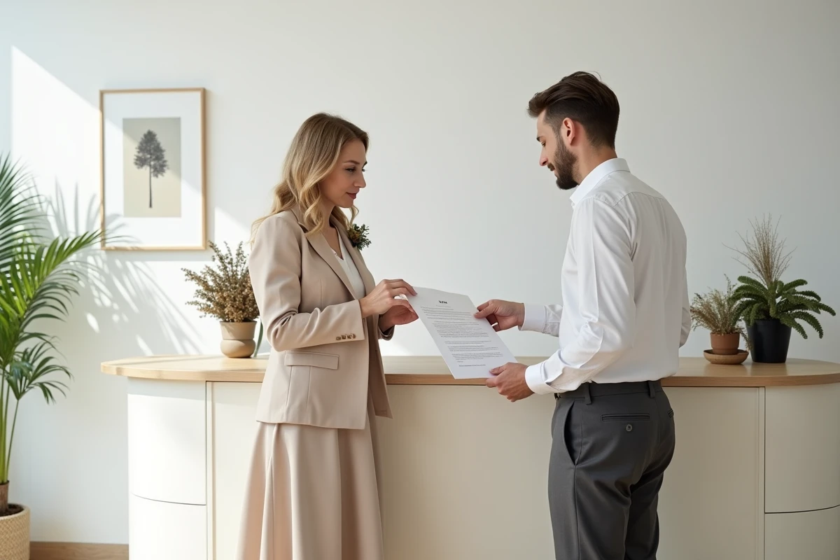 Couple signant les documents de mariage civil dans une mairie danoise au décor minimaliste scandinave