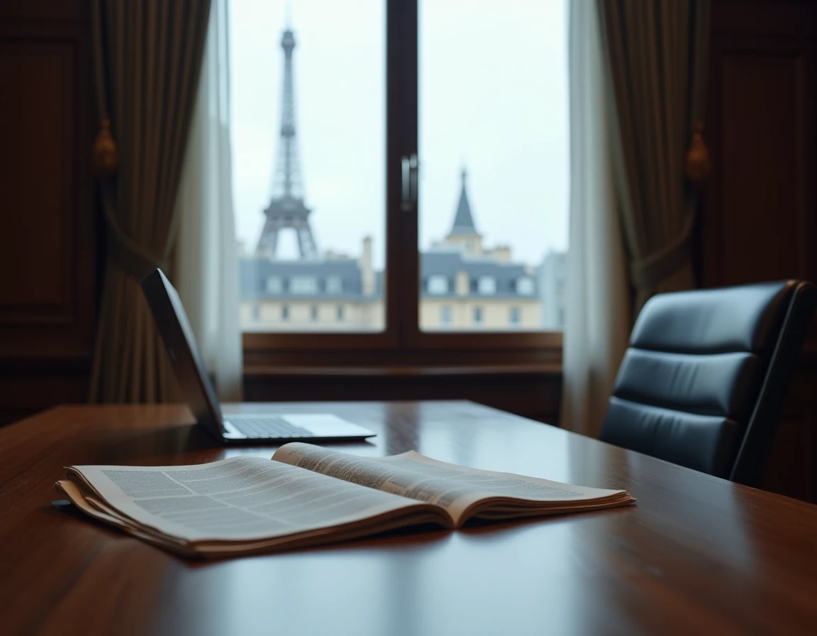 Chaise de direction vide face à une fenêtre avec vue sur Paris et journal posé sur une table, symbole de discrétion et d'absence médiatique volontaire