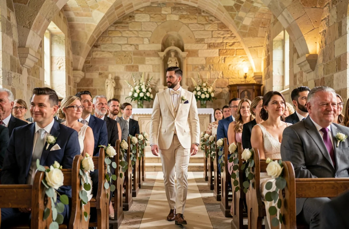 Intérieur d'une chapelle provençale en pierre décorée de roses blanches et d'eucalyptus lors d'une cérémonie de mariage avec marié en costume ivoire dans l'allée