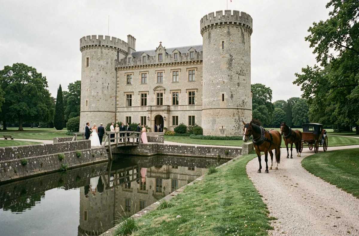 Château de Lencastre en Occitanie, invités traversant le pont-levis du château médiéval avec tours rondes et douves pour un mariage
