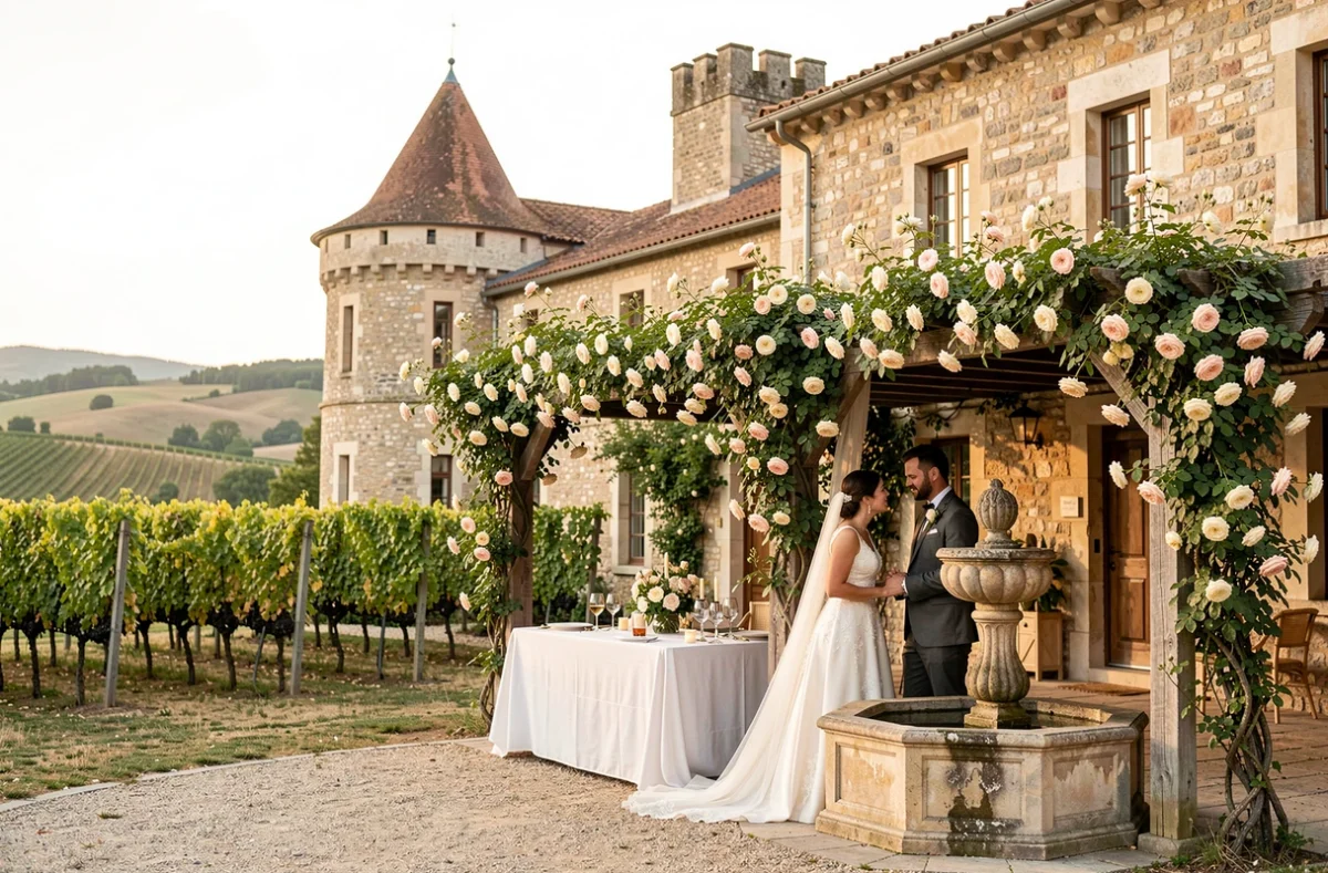 Château Guilhem dans l'Hérault, couple de mariés près d'une fontaine en pierre dans la cour intérieure entourée de vignes