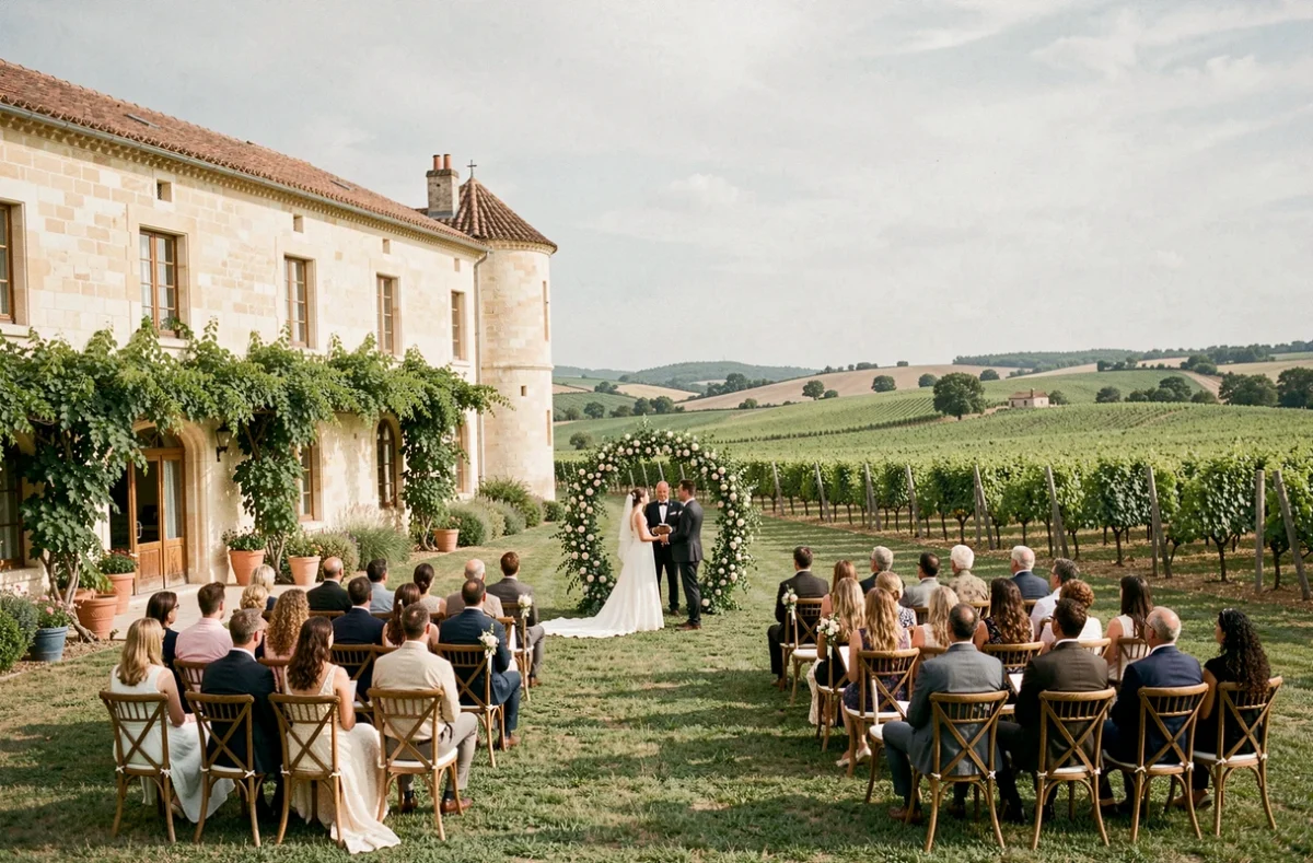 Château Nadal Hainaut près de Carcassonne, cérémonie de mariage en plein air avec arche fleurie et vignobles en arrière-plan