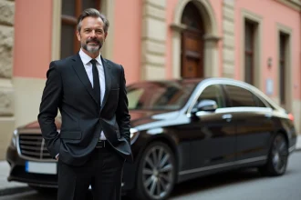 Chauffeur professionnel en costume noir devant un bâtiment en briques roses de Toulouse, prêt pour un service de location de voiture avec chauffeur pour un mariage