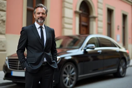 Chauffeur professionnel en costume noir devant un bâtiment en briques roses de Toulouse, prêt pour un service de location de voiture avec chauffeur pour un mariage
