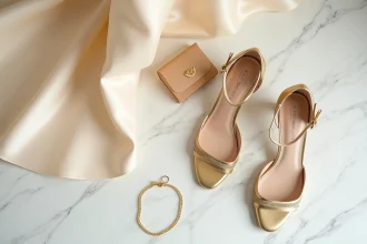 Chaussures dorées à talons pour mariage avec pochette dorée et bracelet en or assorti sur marbre blanc