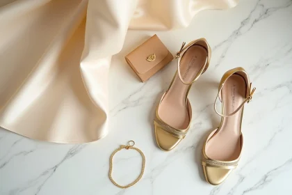 Chaussures dorées à talons pour mariage avec pochette dorée et bracelet en or assorti sur marbre blanc