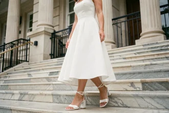 Mariée en robe blanche portant des sandales à talon carré en satin blanc devant un hôtel de ville lors d'un mariage civil