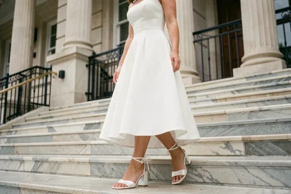 Mariée en robe blanche portant des sandales à talon carré en satin blanc devant un hôtel de ville lors d'un mariage civil