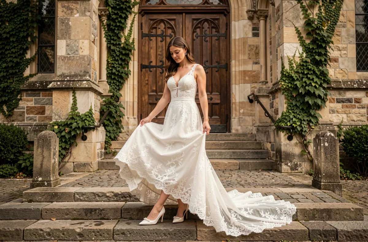 Mariée en robe de dentelle blanche portant des escarpins blancs à talons devant une église lors d'un mariage religieux