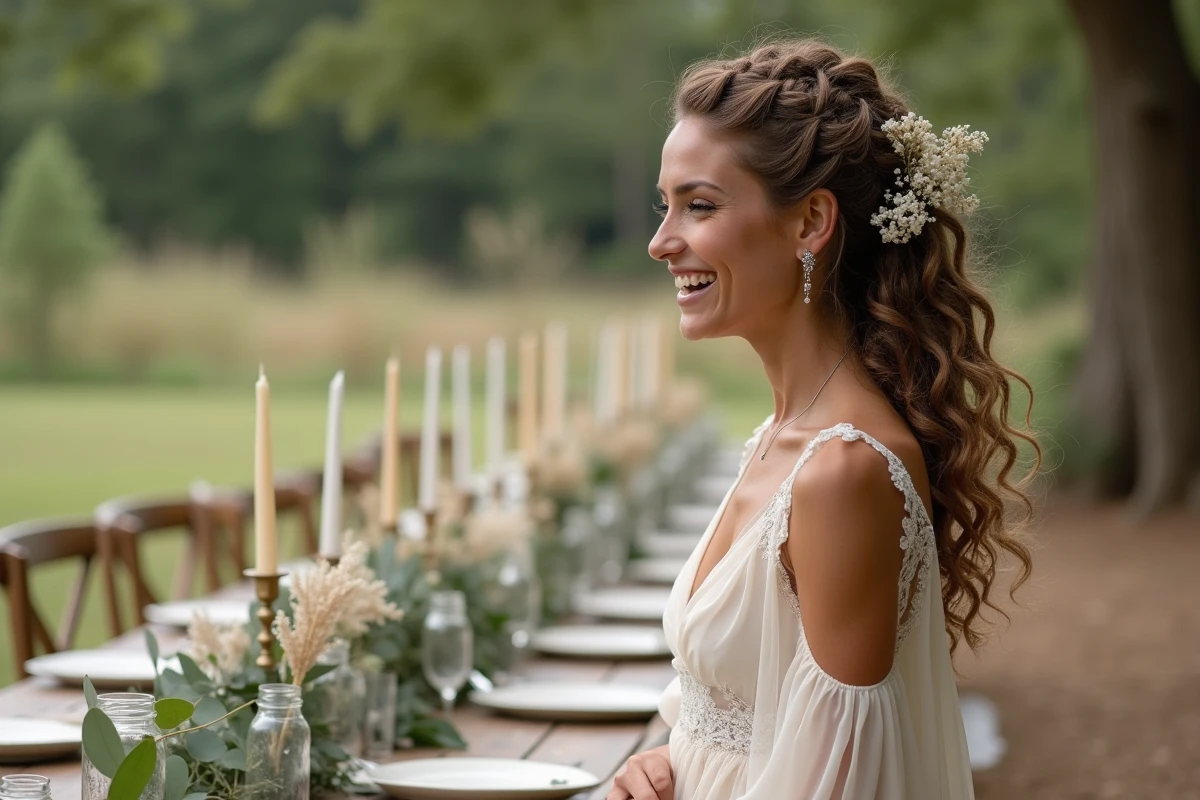 Mariée bohème avec un chignon natte hollandais orné de fleurs sauvages séchées sur cheveux bouclés lors d'une réception champêtre en plein air