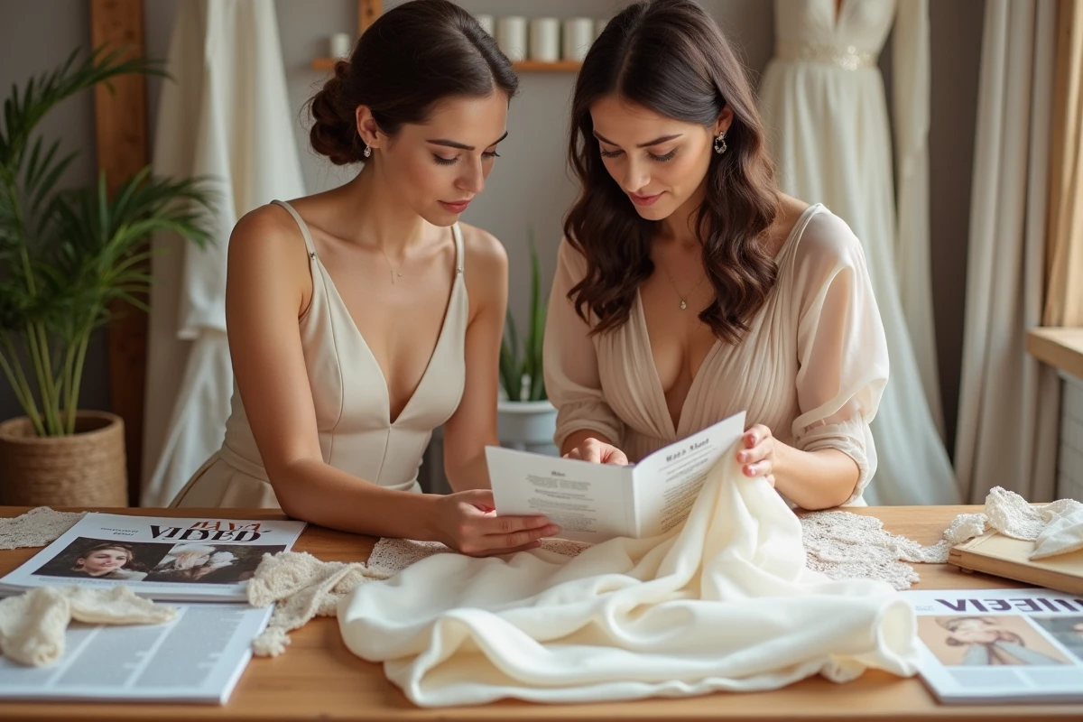 Deux femmes choisissant une robe de mariée vintage années 60 en comparant des échantillons de tissu et des magazines de mode nuptiale