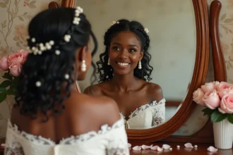 Mariée aux cheveux bouclés naturels avec une coiffure natte couronne ornée de perles et de fleurs blanches pour un mariage élégant