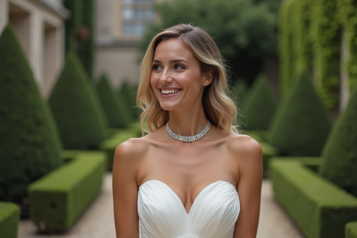 Mariée en robe bustier mikado avec collier ras-du-cou en diamants dans un jardin de château français, bijoux pour décolleté de mariage