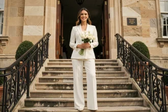 Mariée en combinaison blanche élégante devant la mairie pour une cérémonie civile
