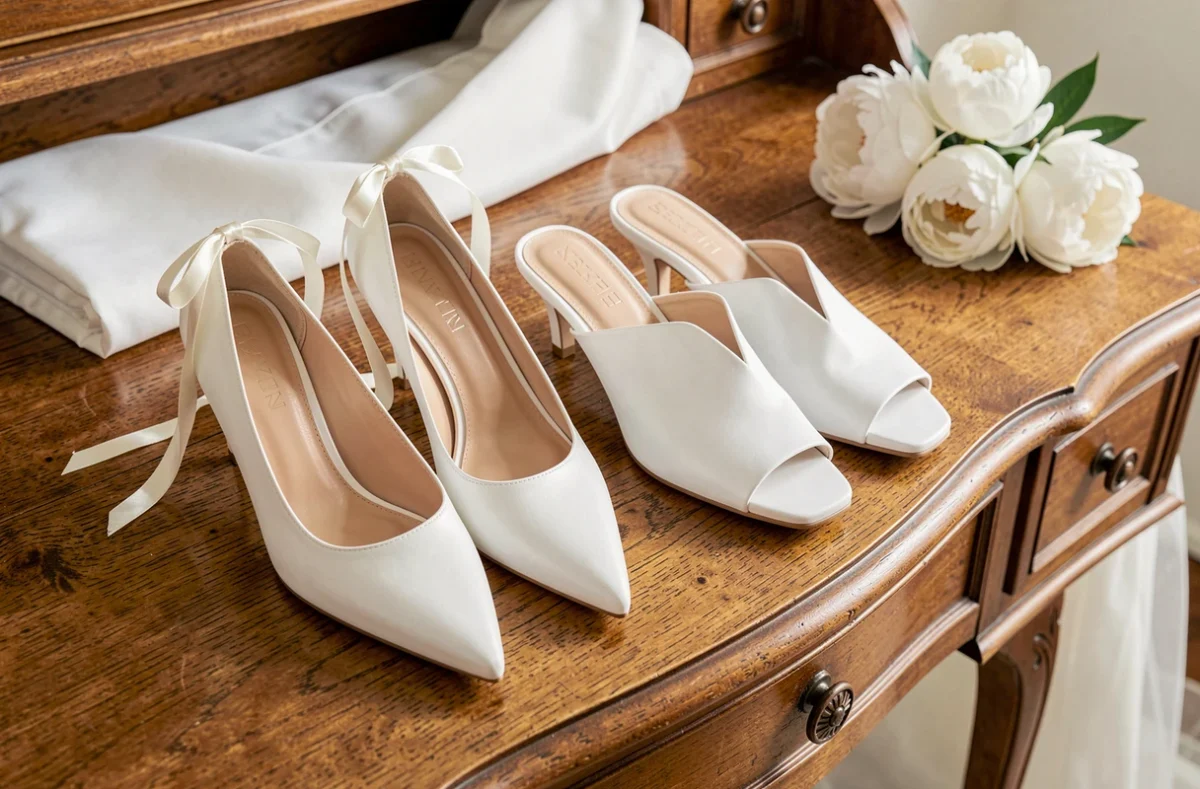 Deux paires de chaussures mariage blanches pour femme côte à côte sur une coiffeuse en bois, comparaison entre mariage civil et religieux