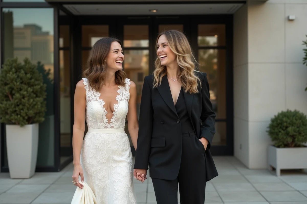 Deux mariées côte à côte, l'une en robe blanche et l'autre en tenue de mariage noire, devant un lieu de réception moderne