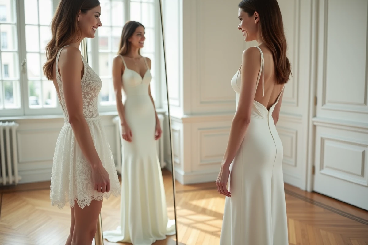 Comparaison robe de mariée courte et longue pour femmes petites dans un appartement parisien