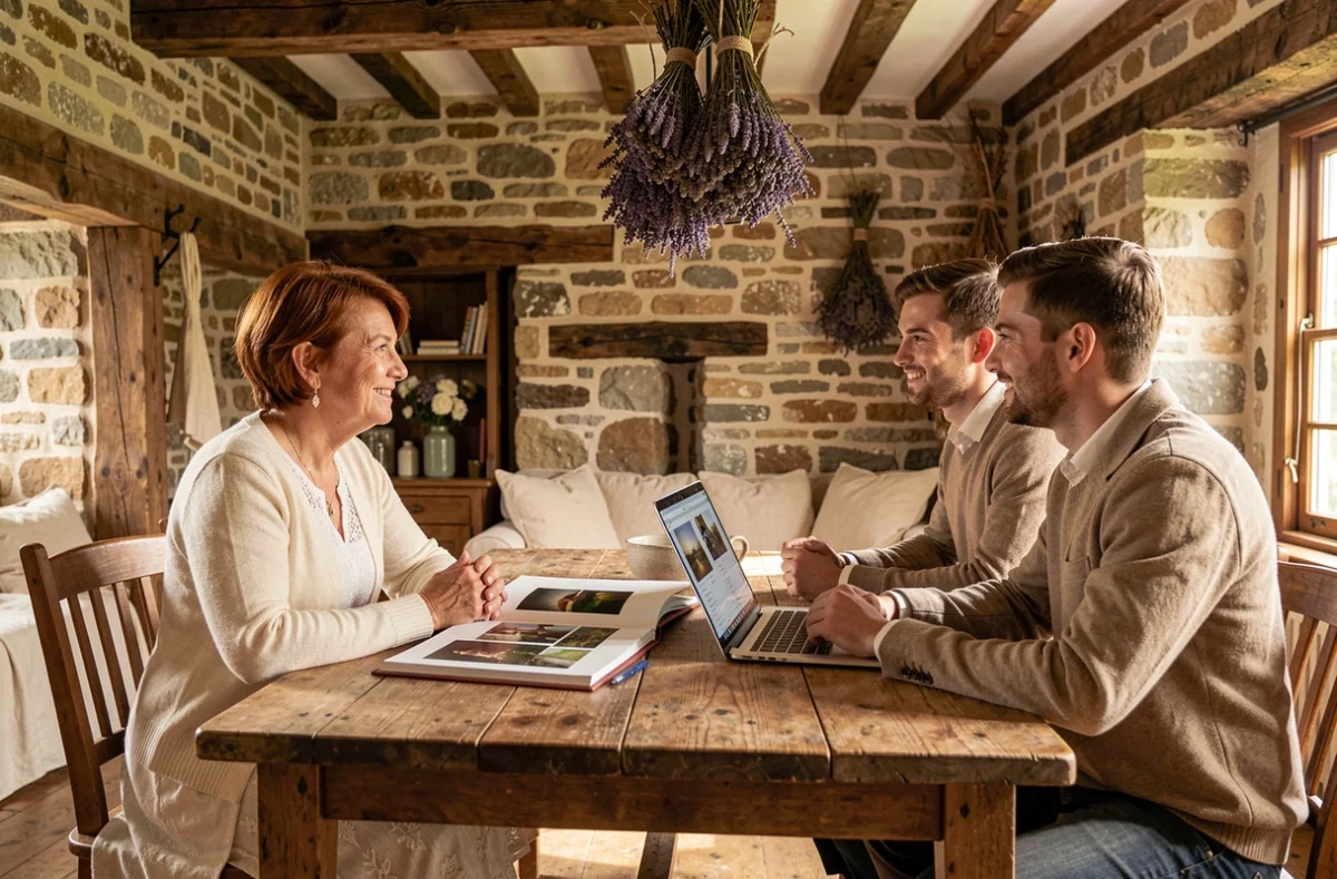 Consultation entre un couple de fiancés et une photographe de mariage professionnelle dans une ferme bretonne