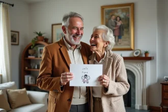 Couple âgé souriant avec carte de vœux dans un salon chaleureux